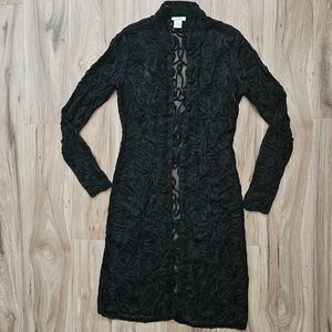 Cache Vintage Elegant Black Sheer Textured Long Cardigan Duster Button Up Size M